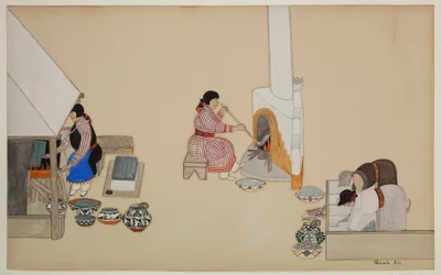 Women Weaving and Supervising Kiln, počátek 20. století (kasein na papíře)