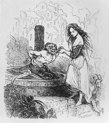 Esmeralda dává Quasimodovi napít, ilustrace z románu „Chrám Matky Boží v Paříži“ od Victora Huga