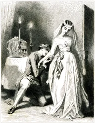 Vzdychající milenec klečící u nohou své krásné zasnoubenky v interiéru osvětleném svíčkami - dívka v romantických šatech a účesu - rytina (lept 1845) od Tony Johannot (Antoine Johannot dit