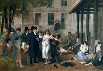 Philippe Pinel (1745-1826) osvobozuje duševně nemocné lidi z okovů v pařížském ústavu Salpêtrière roku 1795