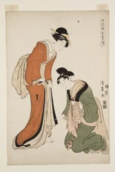 Příloha módních ženských dlouhých šatů (Onna f?zoku-ch? mo fuke) (barevný woodblock print)