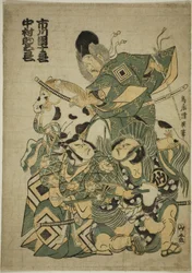 Herci Ichikawa Ebizo I jako Miura Osuke, Ichikawa Danjuro lV jako Okazaki Akushiro a Nakamura Sukegoro I jako Kato Arajiro ve hře „Miura no Osuke Bumon no Kotobuki“, hráli v divadle Nakamura v jedenáctém měsíci, 1754