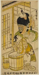 Herec Ichikawa Danjuro II jako Kenkaya Gorouemon a Segawa Kikunojo I jako Osen ve hře „Hatsugoyomi Akinai Soga“, která byla uvedena v divadle Nakamura v prvním měsíci roku 1732