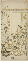 Herci Tamazawa Saijiro I jako Oiso no Tora a Ichimura Uzaemon VIII jako Soga no Juro ve hře „Haru wa Akebono Kuruwa Soga“, hráli v divadle Ichimura v prvním měsíci roku 1743