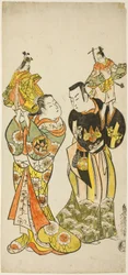 Herci Yamashita Kinsaku I a Hayakawa Hatsuse jako loutkáři ve hře „Deník vedený na cestě po moři do Izu“ („Funadama Izu Nikki“), uvedené v divadle Nakamura v prvním měsíci roku 1725