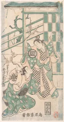 Scéna z dramatu Hatsu-tori Kuruma Genji, z roku 1749, z roku 1749.