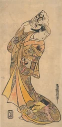 Herec, Nakamura Shichisaburo II, 1703-1774 jako žena s ventilátorem.