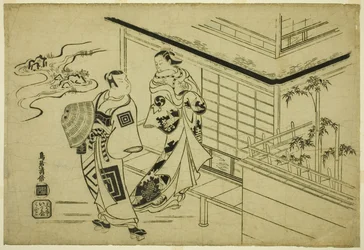 Herci Nakamura Takesaburo I jako Kewaizaka no Shosho a Ichikawa Danjuro II jako Soga no Goro ve hře „Bando Ichi Kotobuki Soga“, hráli v divadle Nakamura v prvním měsíci roku 1715