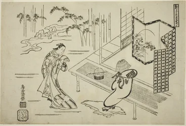 Herci Nakamura Takesaburo I jako Kewaizaka no Shosho a Ichikawa Danjuro II jako Soga no Goro v kostýmech komuso ve hře "Bando Ichi Kotobuki Soga", která se hrála v divadle Nakamura v prvním měsíci.