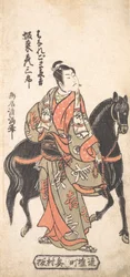 Bando Hikosaburo jako Hanaregoma Chokichi držící svého černého koně, kolem 1756, kolem 1756