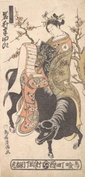 Herec Iwai Hanshiro jako kurtizána čtoucí milostný dopis, jedoucí na černém ..., kolem roku 1763.