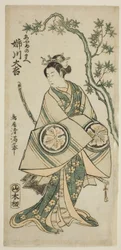 Herec Anegawa Daikichi jako Ayame no Mae ve hře "Miyo no Hana Yunzei Kagami", která se hrála v divadle Morita jedenáctého měsíce roku 1760.