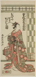 Herec Arashi Sankatsu jako Kanamuraya Osan ve hře "Soga Hiiki Nihon Sakura", která se hrála v divadle Nakamura ve třetím měsíci roku 1762.