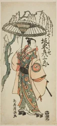 Herec Bando Hikosaburo II jako Ono no Yorikaze ve hře "Ono no Tofu Aoyagi Suzuri", která se hrála v divadle Morita v osmém měsíci roku 1764.