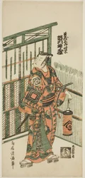 Herec Ičikawa Masuzo I. jako Soga no Goro ve hře "Tokitsukaze Irifune Soga", která se hrála v divadle Nakamura v prvním měsíci roku 1758.