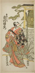 Herec Ichimura Uzaemon IX jako Teraoka Heiemon ve hře "Hoshi Aikotoba Higashiyama no Sakae", která se hrála v divadle Ichimura v devátém měsíci roku 1763.
