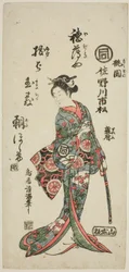Herec Sanogawa Ičimacu I. jako Momozono ve hře "Katakiuči Mogami no Inabune", která se hrála v divadle Ičimura v sedmém měsíci roku 1759.