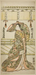 Herec Segawa Kikunojo II jako Matsukaze ve hře "Kisoeuta Sakae Komachi", která se hrála v divadle Ichimura jedenáctého měsíce roku 1762.
