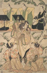 Herci v představení šosa spojujícím herectví a tanec, kolem roku 1790.