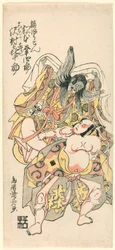 Matsumoto Koshiro III jako Kusunoki Bokon a Sawamura Kijuro jako Omori Hikoshichi ve scéně z dramatu