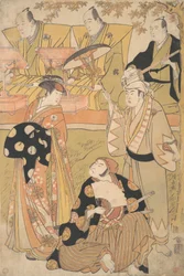 Onoe Matsusuke I jako Oiran stojí vlevo a mluví s Nakamurou Nakazo I jako Sam..., ca. 1788.