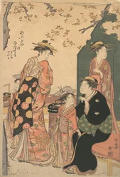 Portrét kurtizány Nioteru z Ogiya, s jejími dvěma sluhami Namiji a Ao-..., ca. 1785.