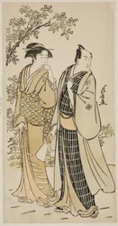 Herec Ichikawa Monnosuke II a jeho manželka z nepojmenované série grafik zobrazujících herce v soukromém životě