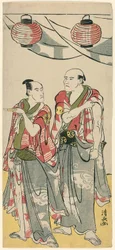 Herci Arashi Ryuzo II a Ichikawa Komazo III, z pentaptychu jedenácti herců oslavujících festival svatyně bratří Soga