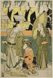 Herci Bando Matakuro IV jako Chubei, Osagawa Tsuneyo II jako Umegawa a Nakamura Katsugoro jako Magoemon ve hře „Keisei Koibikyaku“