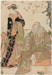 Herci Ichikawa Danjuro V jako Hige no Ikyu, Nakamura Riko jako Agemaki a Ichikawa Ebizo jako Agemakiho ošetřovatel ve hře "Sukeroku Yukari no Edozakura" v divadle Nakamura ve třetím měsíci roku 1784.