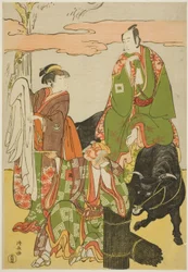 Herci Ichikawa Monnosuke II jako Miyukinosuke, Segawa Kikunojo III jako Hatsune-hime a Ichikawa Danjuro V jako Ninnaji no Saibei v joruri „Shitenno Oe no Yamairi“ vystoupili v divadle Kiri v jedenáctém měsíci, 1785