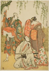 Herci Ichikawa Yaozo III jako Shiragiku, Ichikawa Danjuro V jako loutkář Dekurokubei a Sawamura Sojuro III jako Soga no Juro v joruri „Shinobukoi Yanagi no Katsura Otoko“ vystoupili v divadle Nakamura v prvním měsíci, 1785