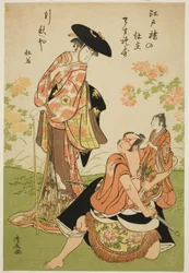Herci Iwai Hanshiro IV jako Kuzunoha, Ichikawa Yaozo III jako Yakanpei a Ichikawa Ebizo IV jako Abe no Doji ve hře „Ashiya Doman Ouchi Kagami“, hráli v divadle Nakamura v devátém měsíci, 1784