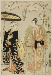 Herci Sawamura Sojuro III jako Kusunoki Masatsura a Arashi Murajiro jako Ben no Naishi ve hře shosa „Sode Furu Yuki Yoshino Shui“ vystoupili v divadle Nakamura v jedenáctém měsíci roku 1786.