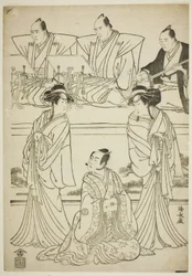 Herci Segawa Kikunojo III jako duch Yatsuhashi, Sawamura Sojuro III jako Soga no Juro a Ichikawa Danjuro V jako duch Seigen ve hře „Sono Omokage Matsu ni Sakura“, která byla uvedena v divadle Nakamura v prvním měsíci, 1783