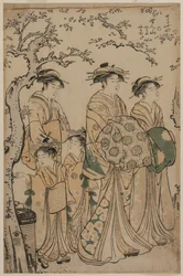 Kurtizána Senzan z Chojiya Strolling se svým Kamuro Yasono a Yasoji a Two Shinzo, 1786.
