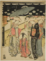 Nákupní ulice Nakamise, ze série „Osm okrsků chrámu Kinryuzan v Asakusa (Asakusa Kinryuzan hakkei)“