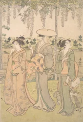 Tři ženy a malý chlapec pod Wisteria Arbor na břehu potoka, ca. 1790.