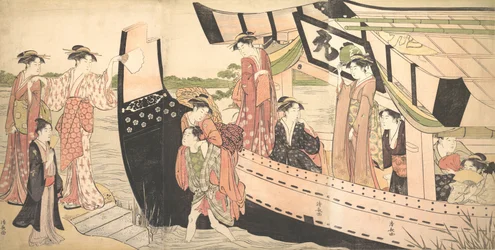 Ženy přistávající z výletní lodi přitažené ke břehu v Mukojima na řece Sumida, ..., ca. 1785.