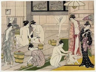 Ženy ve veřejných lázních. Japonský tisk od Torii Kiyonagy (1752-1815), kolem roku 1785. Škola Torii (ukiyo-e neboli ukiyoe).