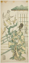 Herec Yoshizawa Ayame II jako Hotoke Gozen ve hře „Onna Monji Heike Monogatari“ hrál v divadle Nakamura v jedenáctém měsíci roku 1748