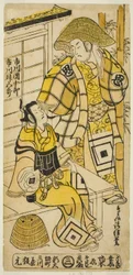 Herci Ichikawa Danjuro II jako Onio Shinzaemon a Ichikawa Masugoro jako Soga no Goro ve hře „Furiwake-gami Hatsugai Soga“, hráli v divadle Ichimura v prvním měsíci roku 1735