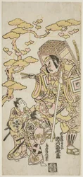 Herci Ichikawa Ebizo II jako Musashibo Benkei, Sakata Shintaro (?) jako Soga no Goro a Takigawa Kinya (?) jako Soga no Juro ve hře „Sazareishi Suehiro Genji“ vystoupili v divadle Nakamura v prvním měsíci roku 1744