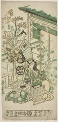 Herci Ichimura Uzaemon VIII jako Oguri Hangan a Segawa Kikunojo I jako Terute no Mae ve hře „Mangetsu Oguri Yakata“, hráli v divadle Ichimura v osmém měsíci, 1747