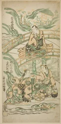 Herci Matsumoto Koshiro II jako Kumasaka Chohan, Ichimura Kamezo I jako Ise no Saburo a Sanogawa Ichimatsu I jako Ushiwakamaru ve hře „Hatsu Tora Kurama Genji“, hráli v divadle Ichimura v prvním měsíci roku 1749