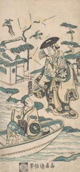 Scéna z dramatu, pravděpodobně Musume Dojoji, ca. 1744.