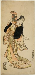 Herec Ichikawa Monnosuke I jako Oiso no Tora ve hře „Nigiwai Suehiro Soga“, vystupující v divadle Morita v prvním měsíci roku 1721 (?)