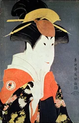 Hlava a ramena herce kabuki Segawa Tomisaburo II jako Yadorigi, manželka Ogishi Kurando, vydané v roce 1794 (barevný dřevořez)