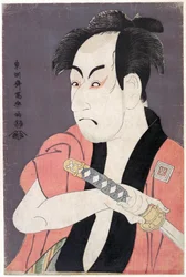 Ichikawa Omezo I v roli Yakko Ippei ze hry Koinyobo Somewake Tazuna, od Tōšúsai Šaraka, činného v letech 1794-1795