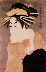 Matsumoto Yonesaburo v roli kurtizány Kewaizaka No Shosho (Shinobu) ve hře „Katakiuchi Noriai Banashi“, kolem 1794-95 (dřevotisk) (viz také 236909)